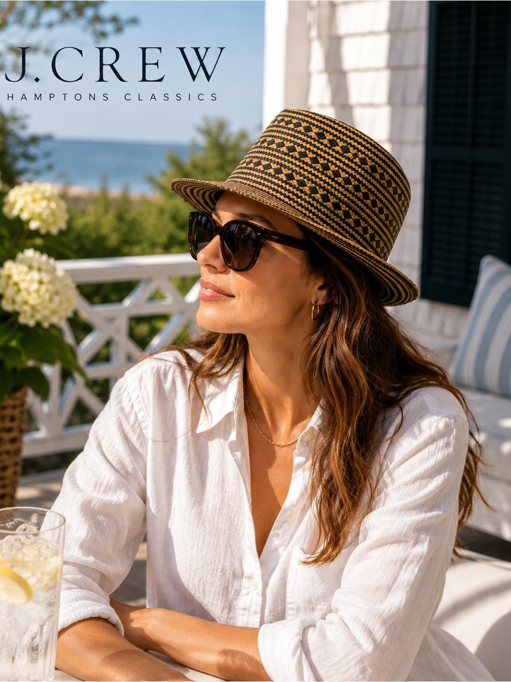 J.Crew Woven Straw Fedora Hat Black Tan Coastal Resort Chic